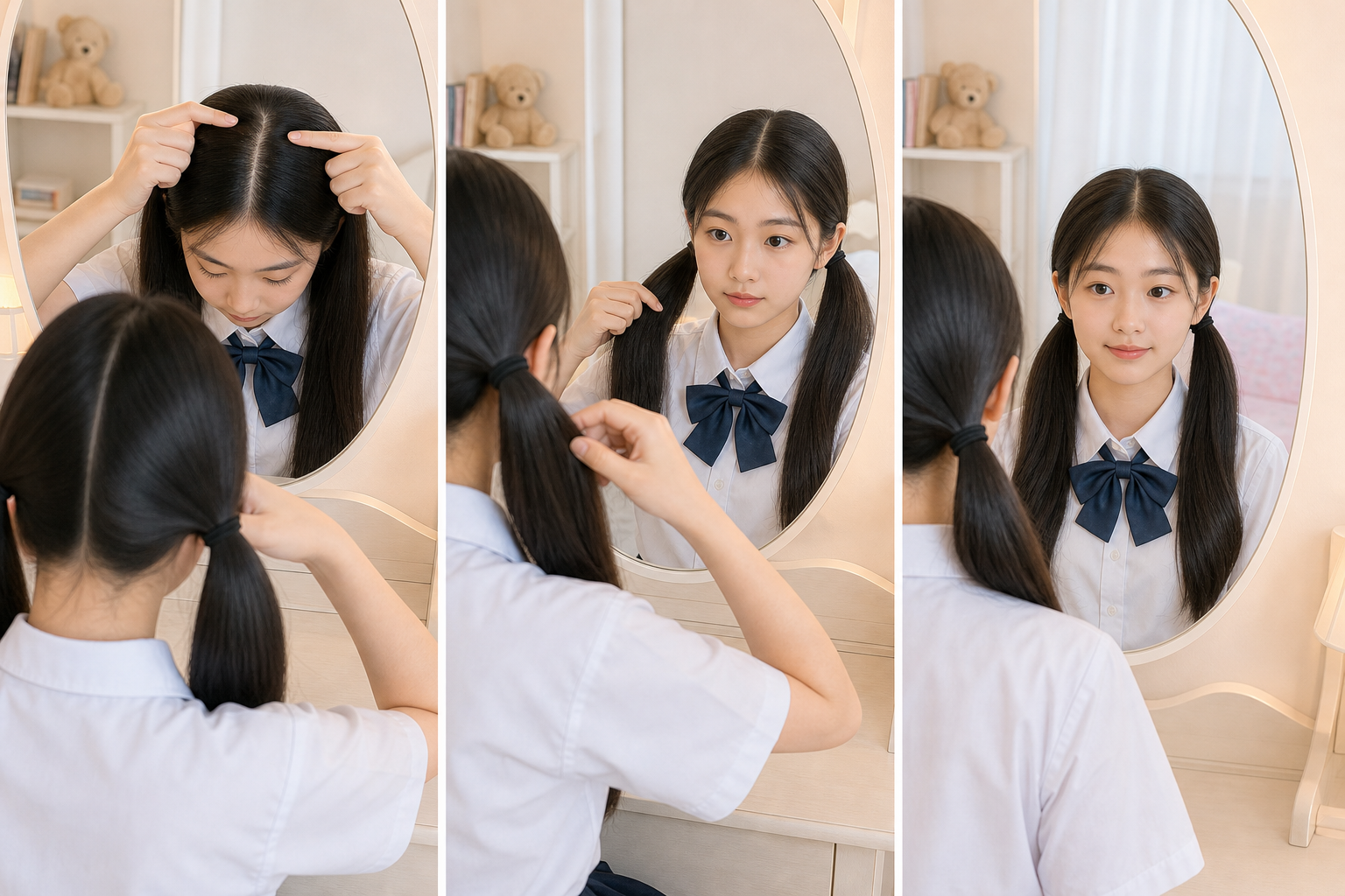 Cô gái mặc đồng phục đang buộc tóc hai bên trước gương, tay chia tóc gọn gàng trong phòng sáng nhẹ.