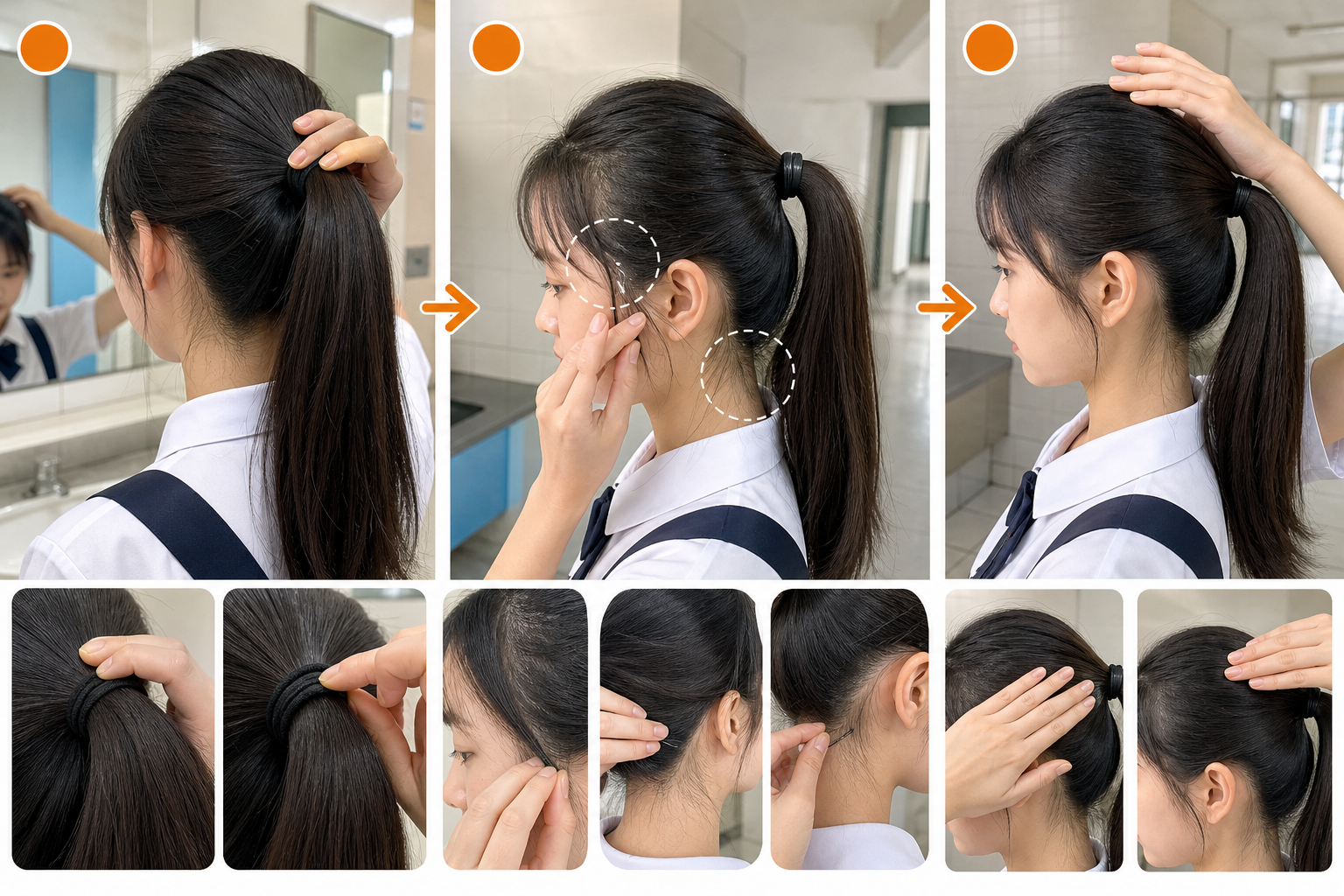 Học sinh buộc tóc đuôi ngựa gọn gàng khi đi học, tay chỉnh phần tóc sát tai và sau gáy trong nhà vệ sinh trường.