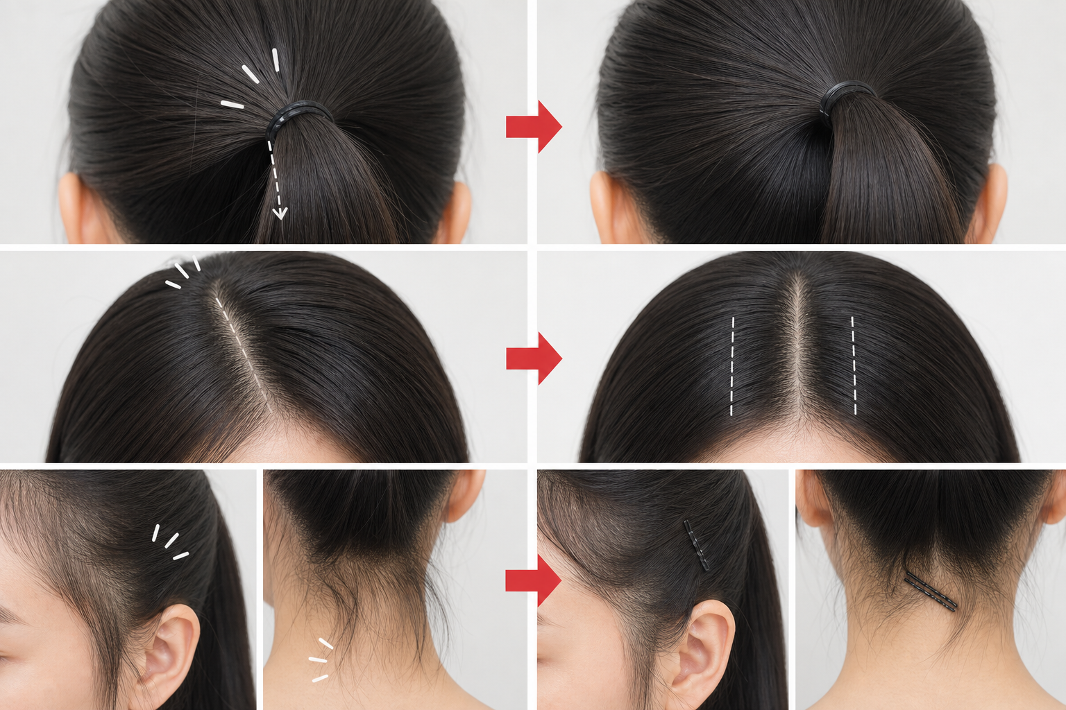 Ảnh ghép so sánh cách buộc tóc đẹp để đi học với tóc cột cao, ngôi lệch và tóc bung ở gáy.
