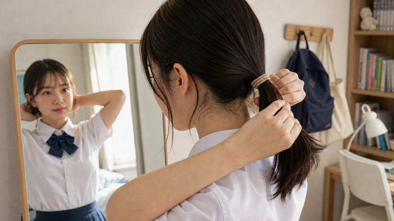 Một nữ sinh mặc đồng phục đang buộc tóc đuôi ngựa trước gương trong phòng ngủ, tay cầm tóc gọn gàng sau đầu