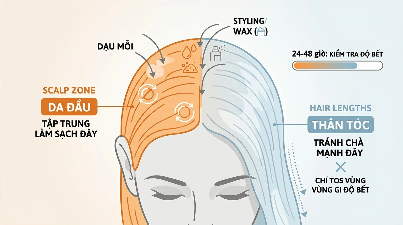 Sơ đồ cách chăm sóc tóc tại nhà, làm sạch tập trung ở da đầu và hạn chế chà mạnh phần thân tóc.