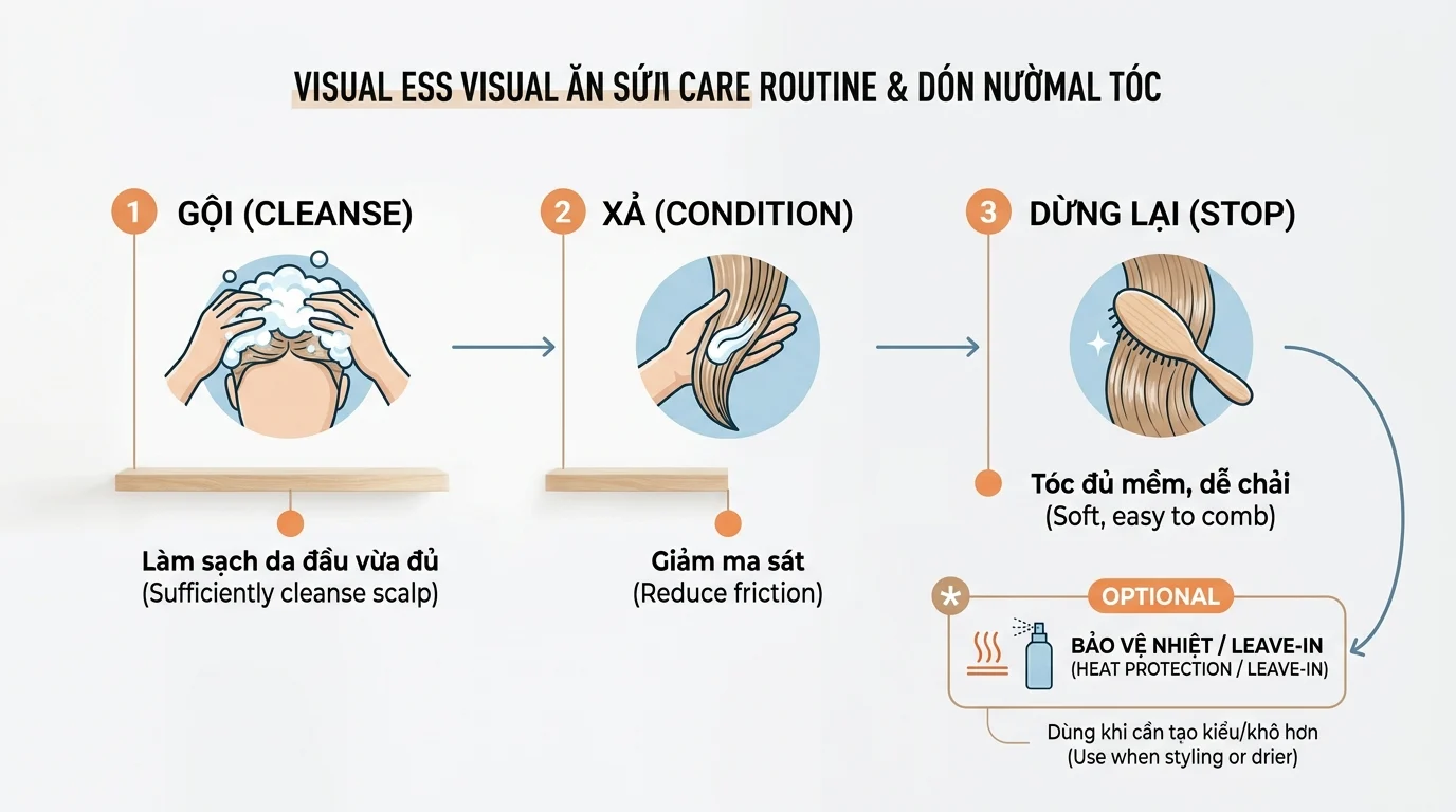 Sơ đồ ba bước chăm sóc tóc với gội sạch da đầu, xả và dừng lại khi tóc đủ mềm, kèm mục tùy chọn bảo vệ nhiệt.