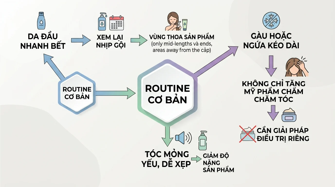 Sơ đồ routine cơ bản với mũi tên điều chỉnh cho da đầu nhanh bết, gàu ngứa kéo dài, tóc mỏng yếu, dễ xẹp và vùng thoa sản phẩm.