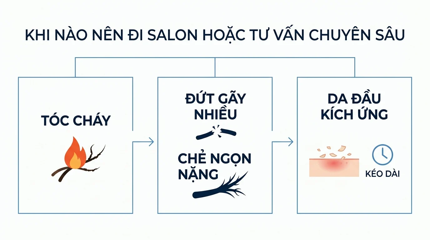 Sơ đồ ba ô về tóc cháy, tóc đứt gãy nhiều, chẻ ngọn nặng và da đầu kích ứng kéo dài.