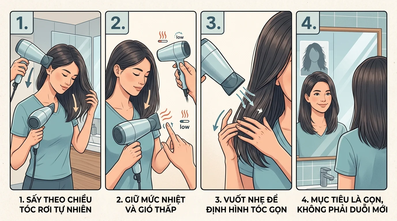 Người phụ nữ đang sấy tóc duỗi bằng máy sấy, vuốt tóc theo chiều rơi tự nhiên trong phòng tắm.
