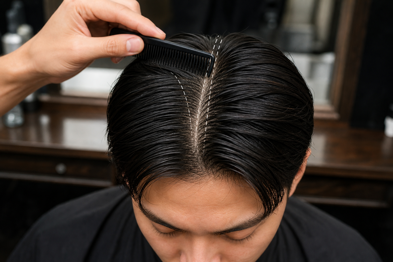 Người đang dùng lược tạo đường rẽ ngôi tóc side part trên mái tóc ẩm, phần tóc hai bên được chải tách rõ