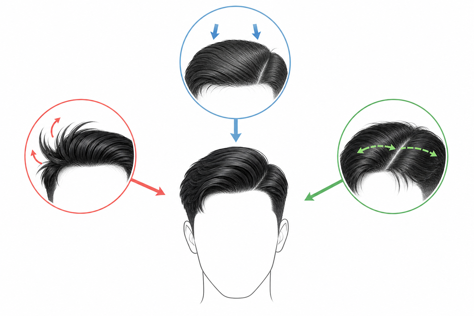 Sơ đồ tóc nam side part với ba kiểu ngôi và mũi tên chỉ hướng tóc, minh họa cách chia ngôi tóc side part