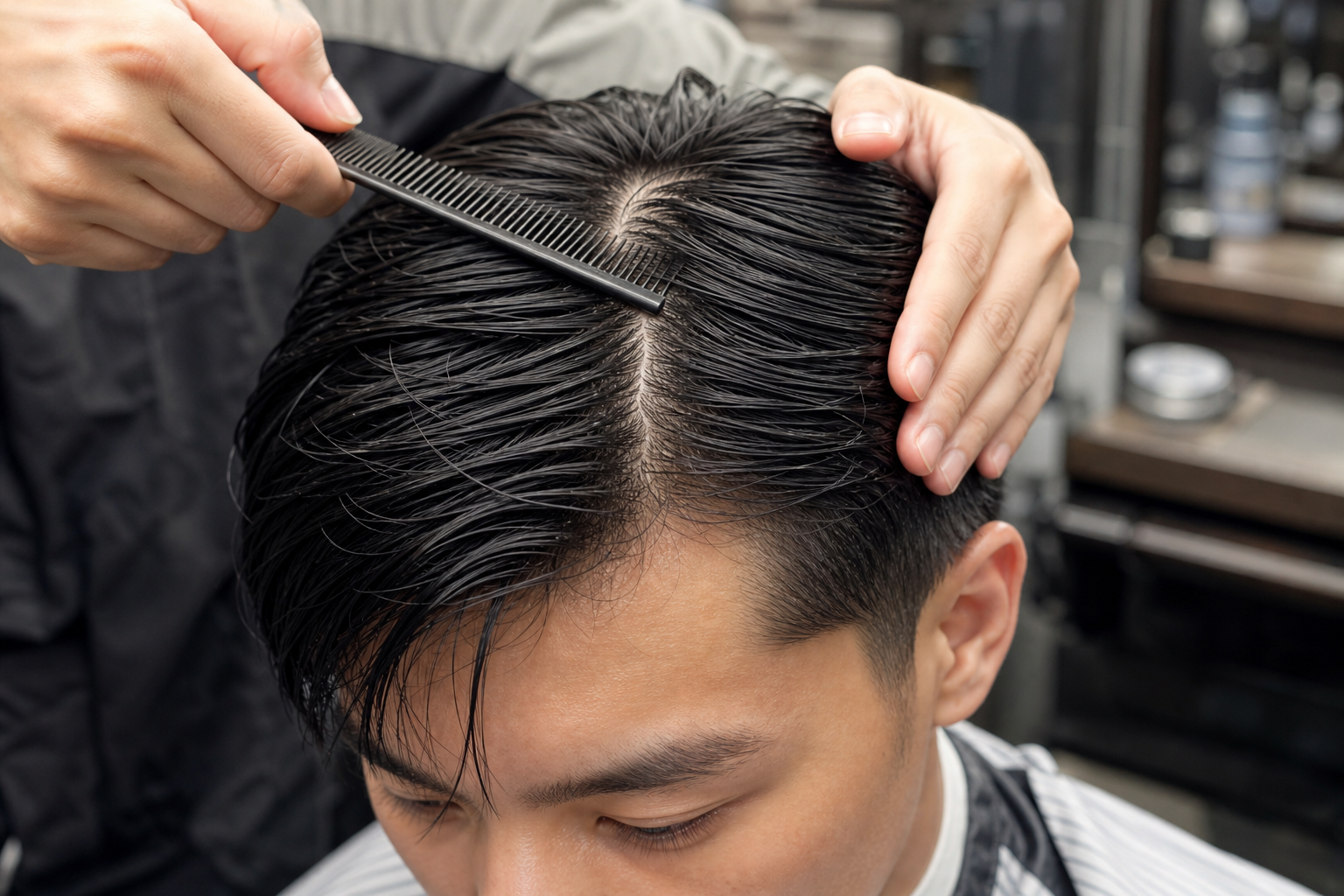 Thợ cầm lược chia ngôi tóc side part cho nam khách tại tiệm tóc, tóc đang ẩm và được giữ bằng tay.