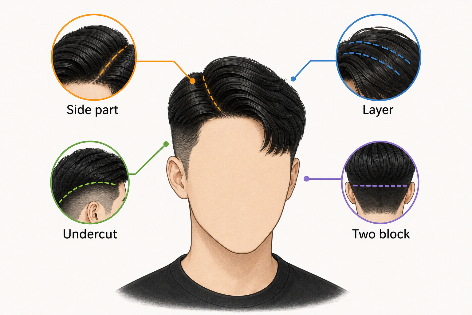 Minh họa kiểu tóc nam với cách chia ngôi tóc side part, kèm so sánh với undercut, layer và two block.