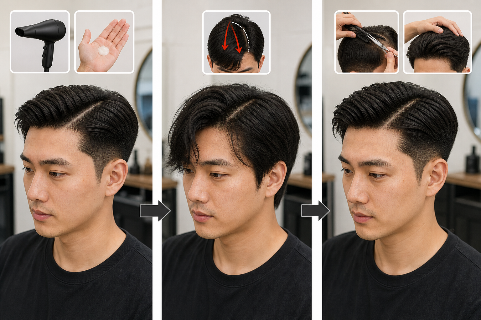 Nam thanh niên để tóc side part với đường ngôi lệch, kèm các ô nhỏ minh họa máy sấy, sáp và thao tác cắt tóc.
