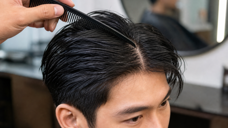 Thợ cầm lược chia ngôi tóc side part cho nam với mái tóc ẩm trong tiệm cắt tóc.