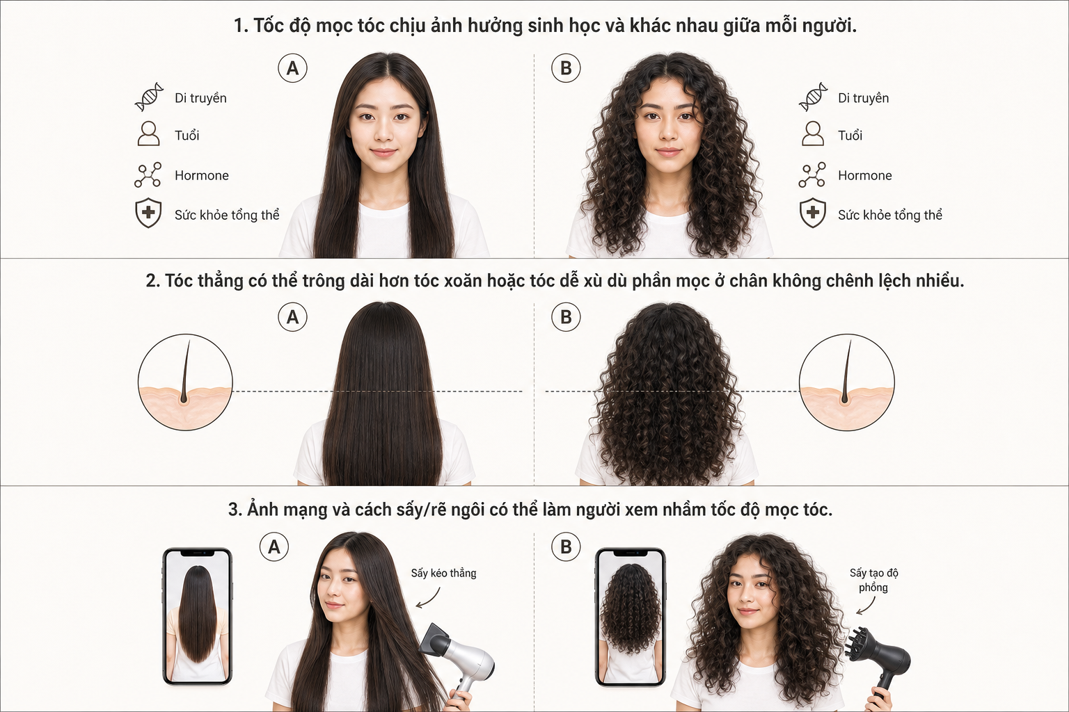 Infographic so sánh tóc thẳng và tóc xoăn, kèm biểu tượng di truyền, tuổi, hormone và sức khỏe tổng thể