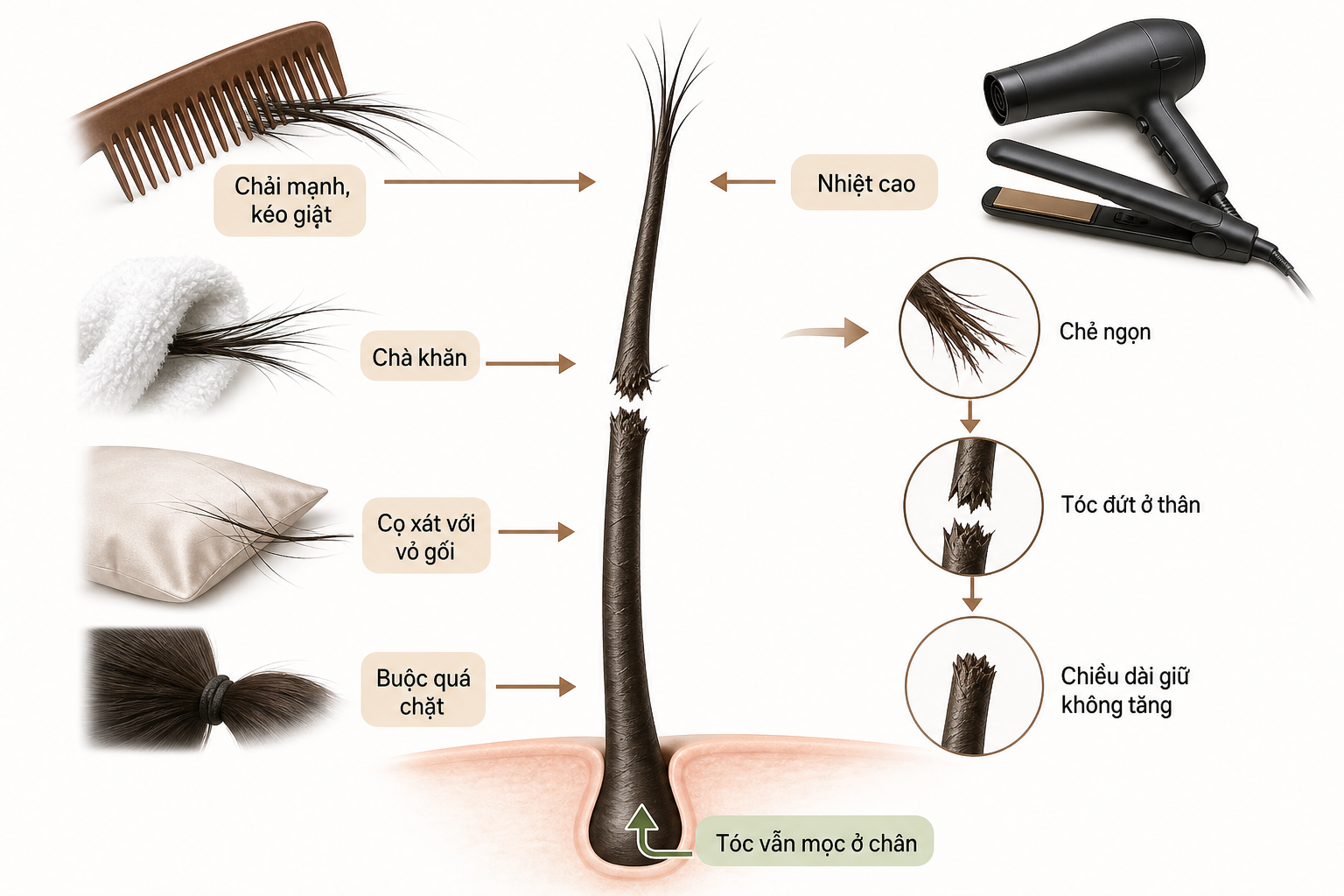 Sơ đồ về cách để tóc nhanh dài với các tác động như chải mạnh, chà khăn, nhiệt cao và làm tóc chẻ ngọn, đứt thân.