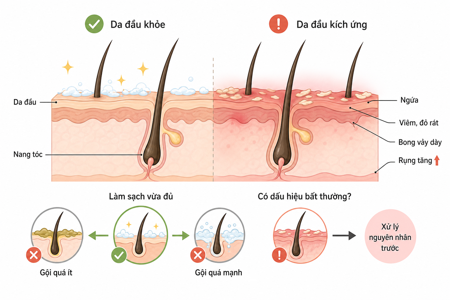Sơ đồ da đầu khỏe và da đầu kích ứng với nang tóc, mô tả gội quá ít, gội quá mạnh và dấu hiệu rụng tóc tăng