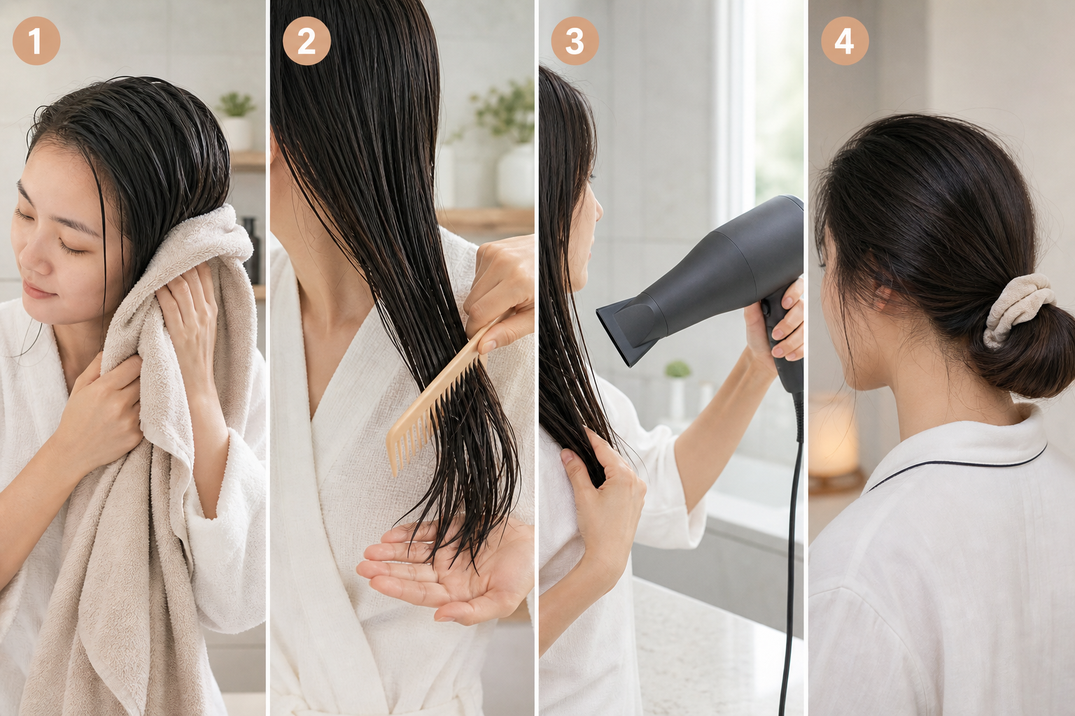 Người phụ nữ lau tóc ướt, chải tóc và sấy tóc trong phòng tắm, minh họa cách để tóc nhanh dài