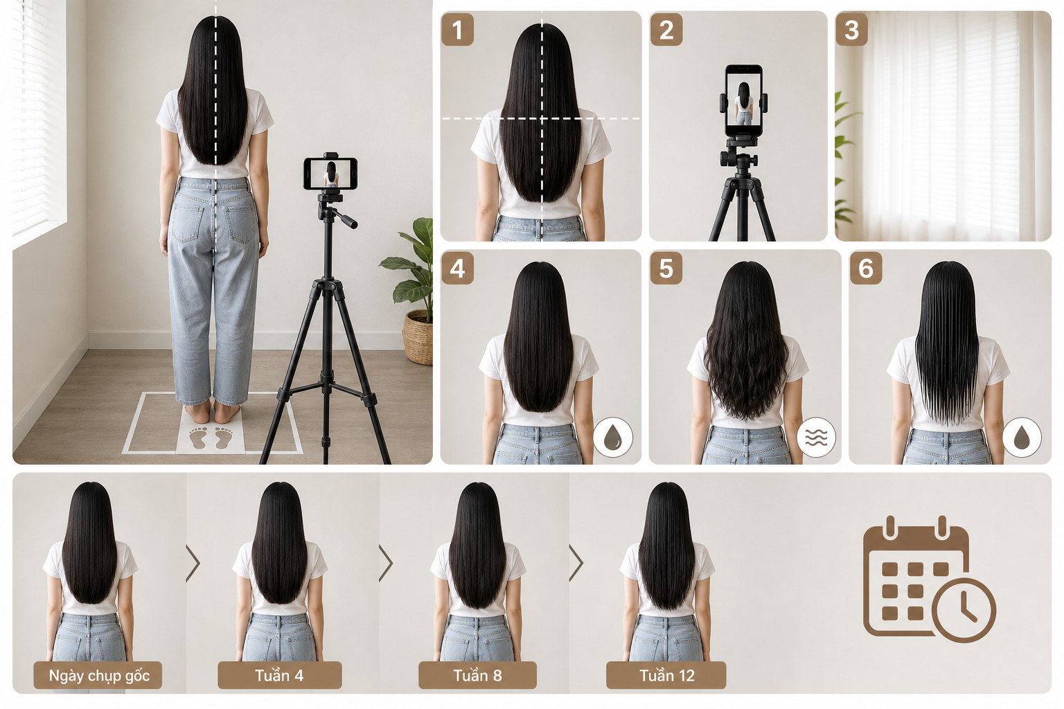 Người phụ nữ đứng quay lưng trước máy ảnh trên tripod, tóc dài thẳng được chụp theo cùng góc để so sánh theo thời gian.
