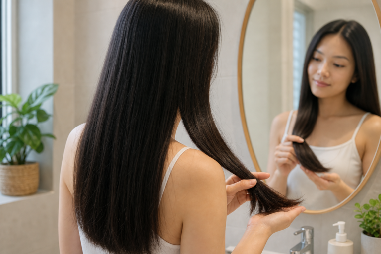 Người phụ nữ soi tóc dài thẳng trước gương và cầm phần đuôi tóc bằng tay trong phòng tắm sáng