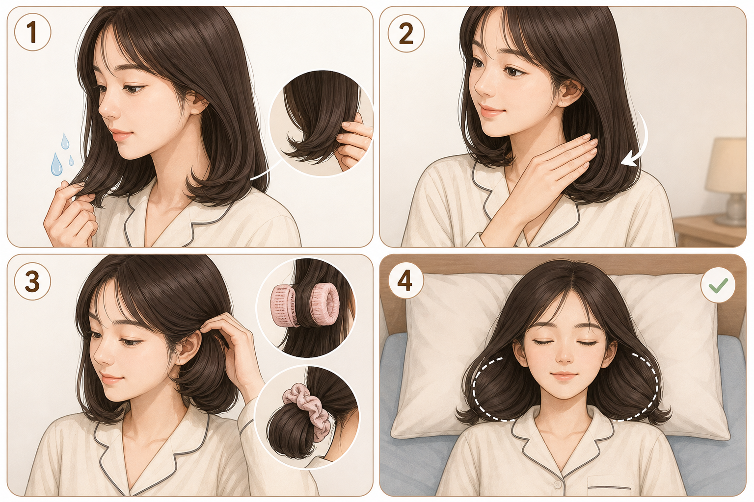 Người phụ nữ tóc uốn cúp chạm nhẹ phần đuôi tóc, minh họa cách giữ nếp tóc uốn cúp khi ngủ trước khi lên giường.