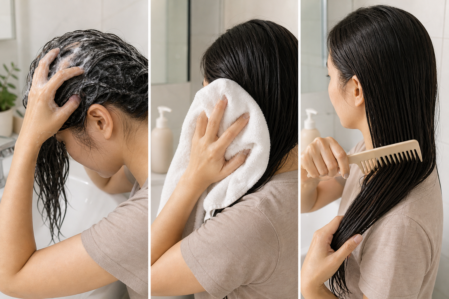 Người phụ nữ đang gội, lau khô và chải tóc ướt trong phòng tắm, thể hiện cách trị rụng tóc sau sinh tại nhà nhẹ nhàng
