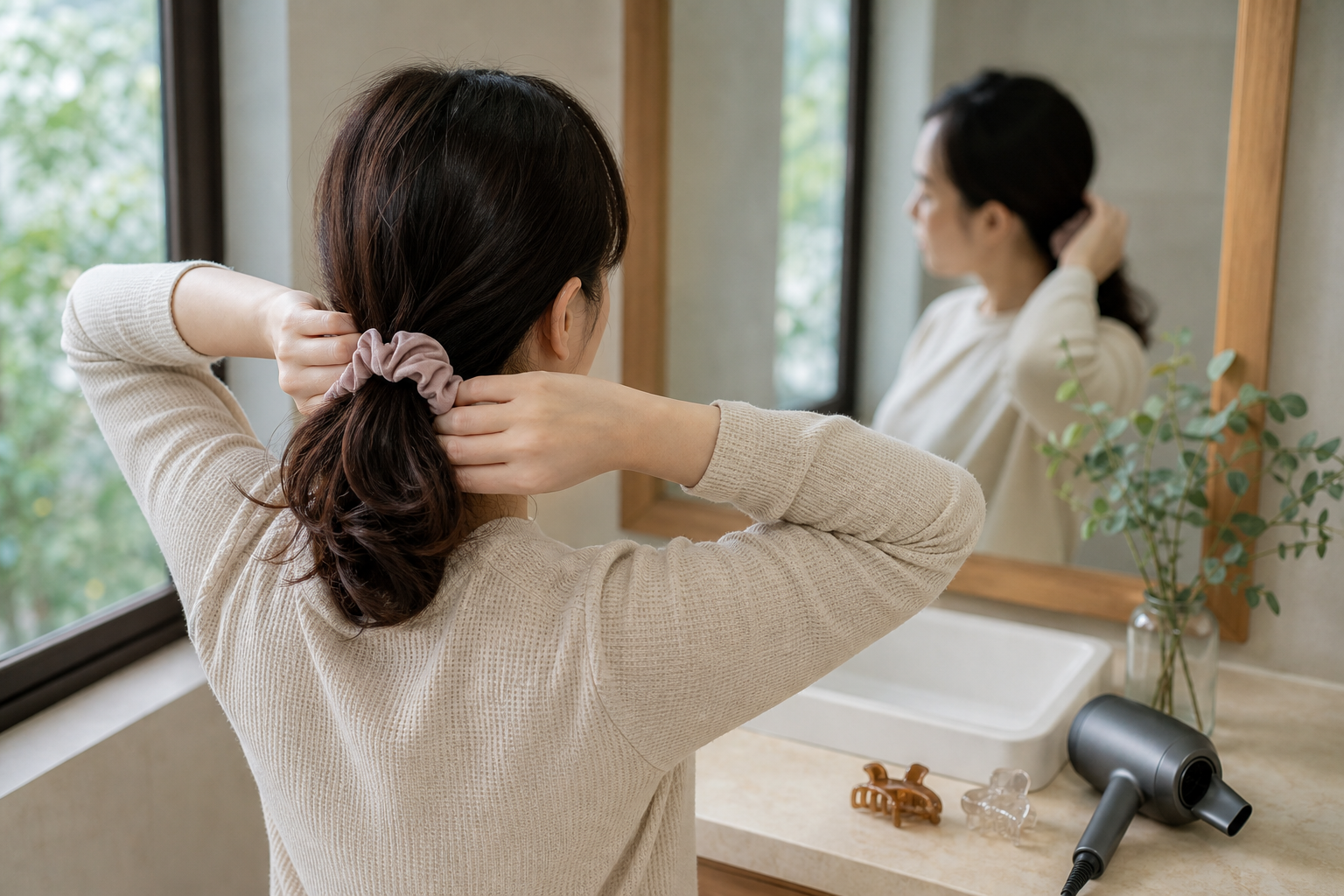 Người phụ nữ buộc tóc đuôi thấp bằng dây chun vải trước gương, trong phòng tắm sáng với máy sấy đặt trên bàn