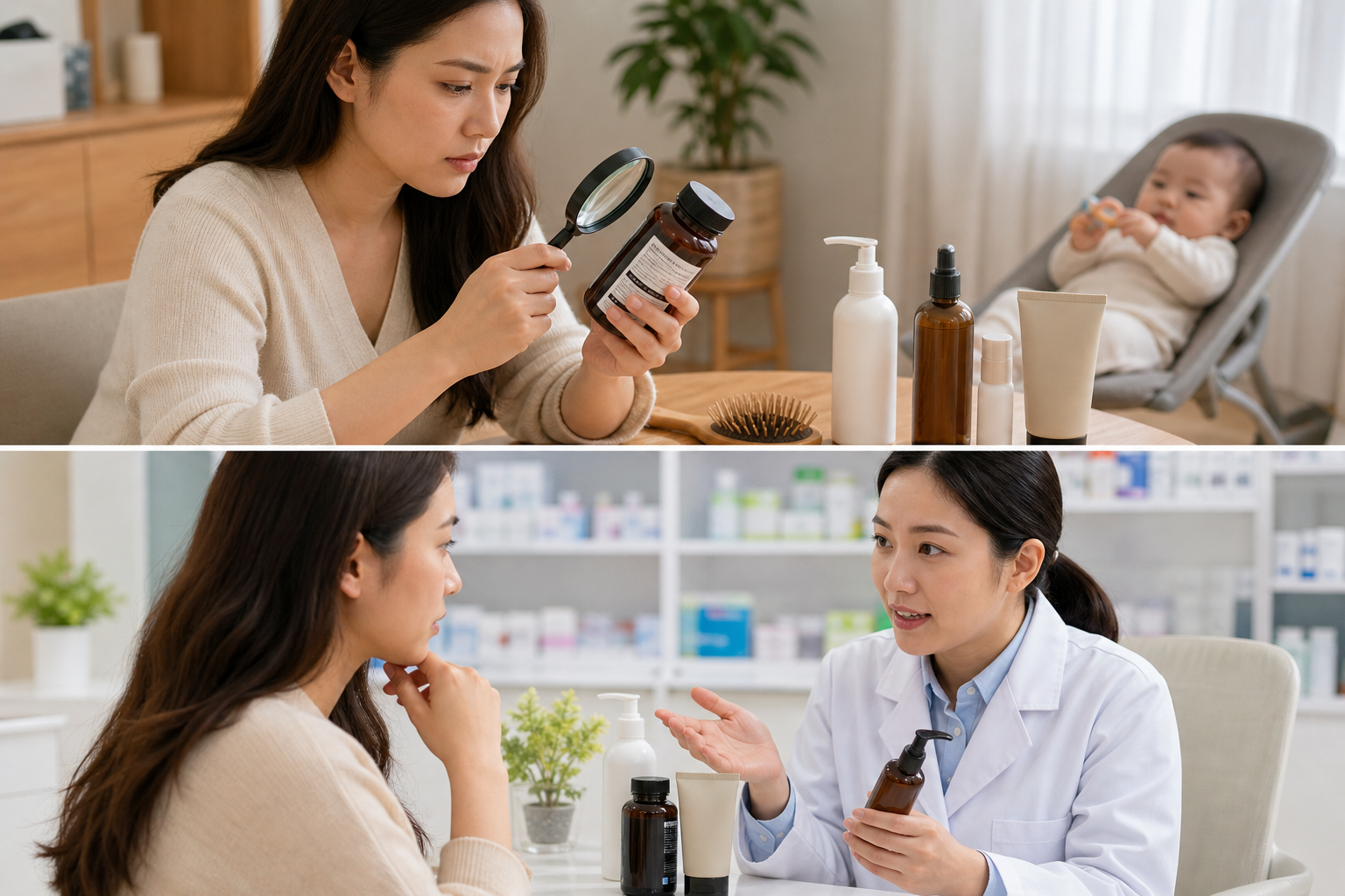 Người phụ nữ cầm kính lúp xem lọ sản phẩm chăm sóc tóc bên cạnh em bé đang nằm trên ghế, với vài chai mỹ phẩm trên bàn.