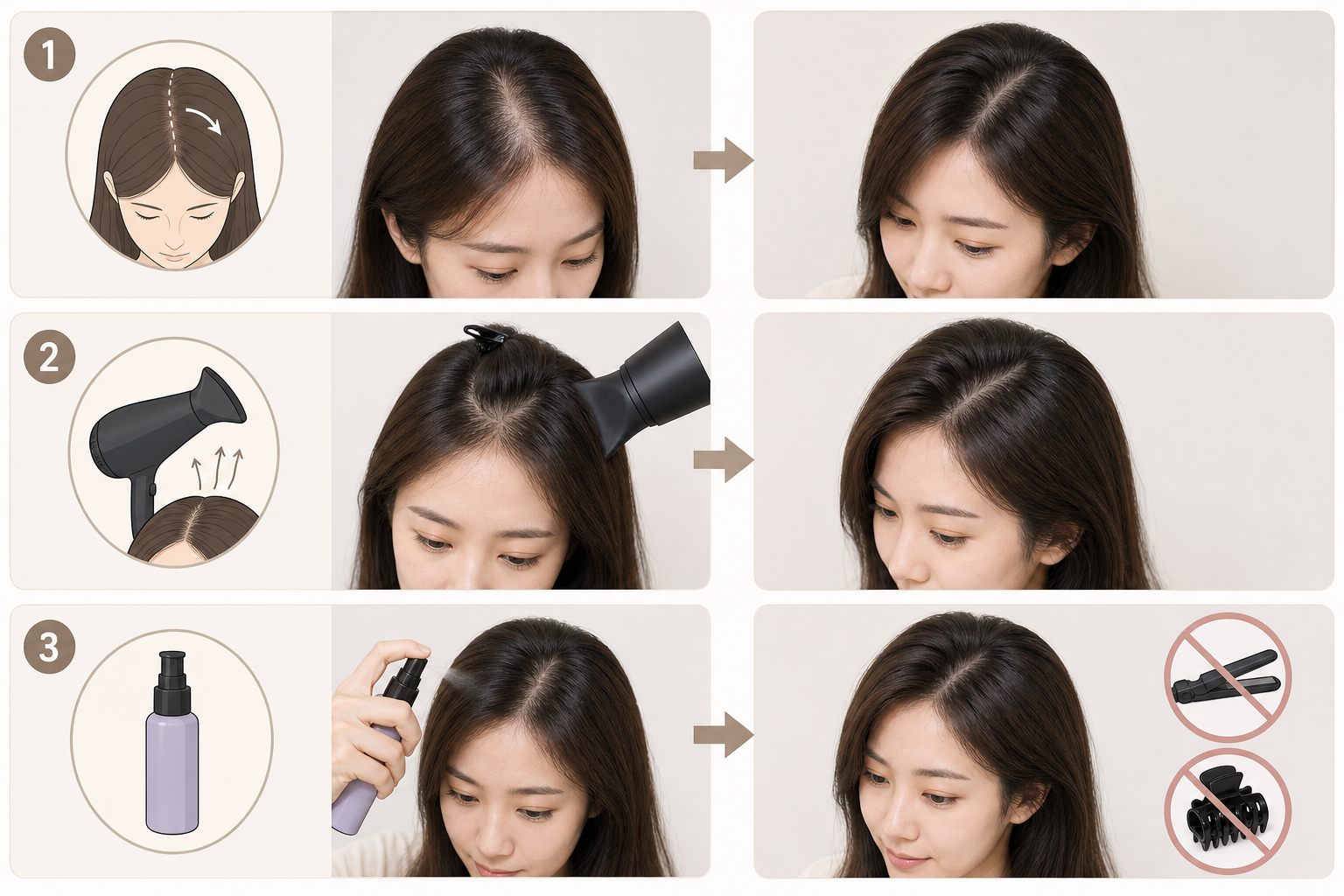 Người phụ nữ chỉnh ngôi tóc và dùng máy sấy, bình xịt để làm tóc trông bồng hơn.