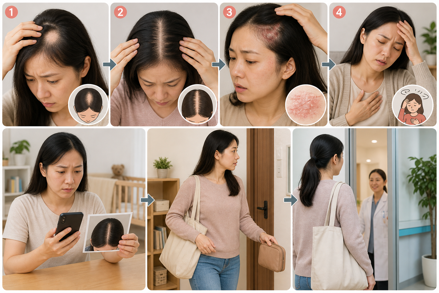 Người phụ nữ kiểm tra da đầu và tóc thưa trên đỉnh đầu, sau đó cầm điện thoại cùng ảnh tóc và đi khám bác sĩ.