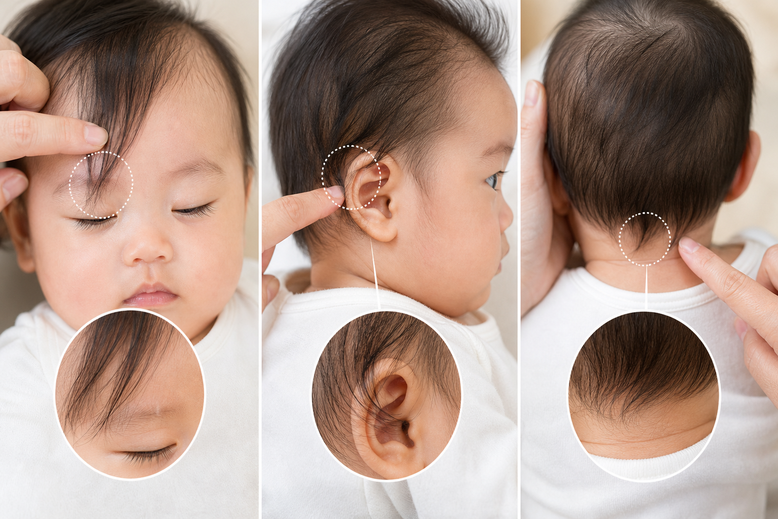 Ba góc nhìn cho thấy tóc trẻ sơ sinh rủ vào mắt, che tai và vướng gáy khi có tay chỉ vào các vùng cần tỉa.
