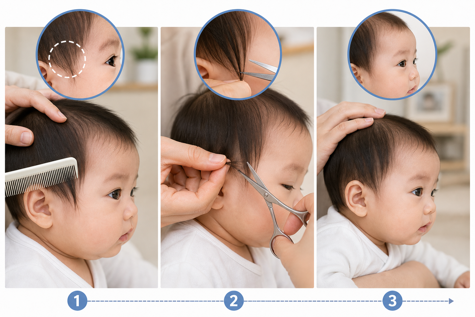 Ba bước cắt tỉa tóc cho trẻ sơ sinh bằng lược và kéo khi người lớn giữ tóc gọn sát đầu.