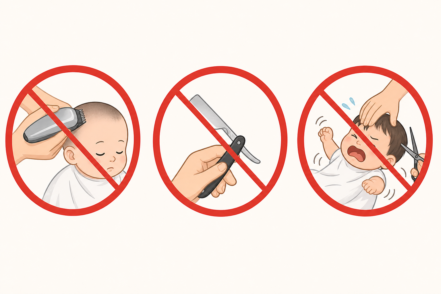 Ba biểu tượng cấm cho thấy không dùng tông đơ, không dùng dao cạo và không cắt tóc khi bé đang khóc trong cách cắt tóc cho trẻ sơ sinh.