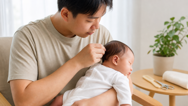 Người đàn ông đang giữ và nhẹ nhàng chỉnh tóc cho một trẻ sơ sinh trong phòng sáng, bên cạnh có kéo và lược trên bàn.
