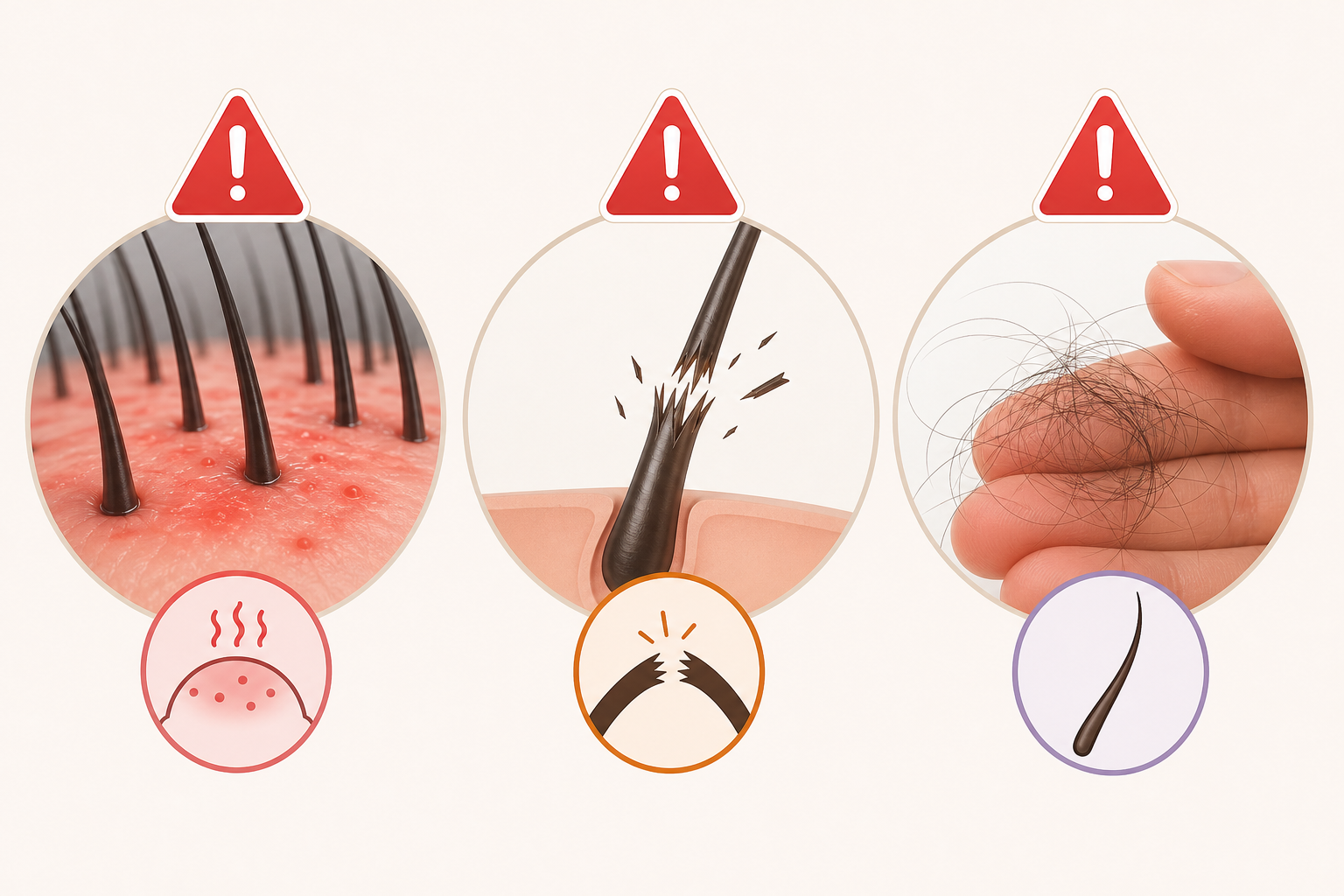 Ba khung cảnh cảnh báo về da đầu đỏ kích ứng, sợi tóc gãy và tóc rụng được giữ trên đầu ngón tay
