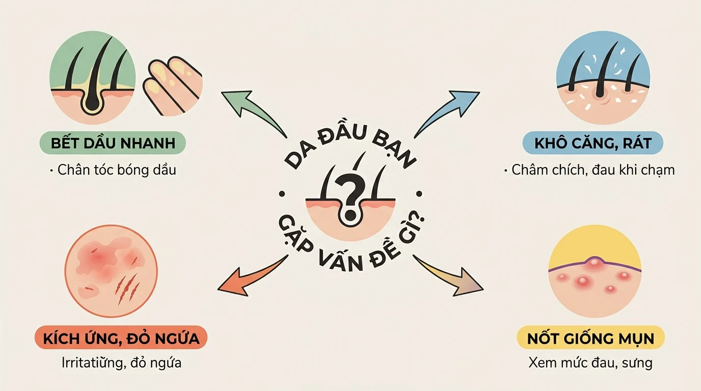 Sơ đồ minh họa các dấu hiệu da đầu gồm bết dầu nhanh, khô căng rát, kích ứng đỏ ngứa và nốt giống mụn.