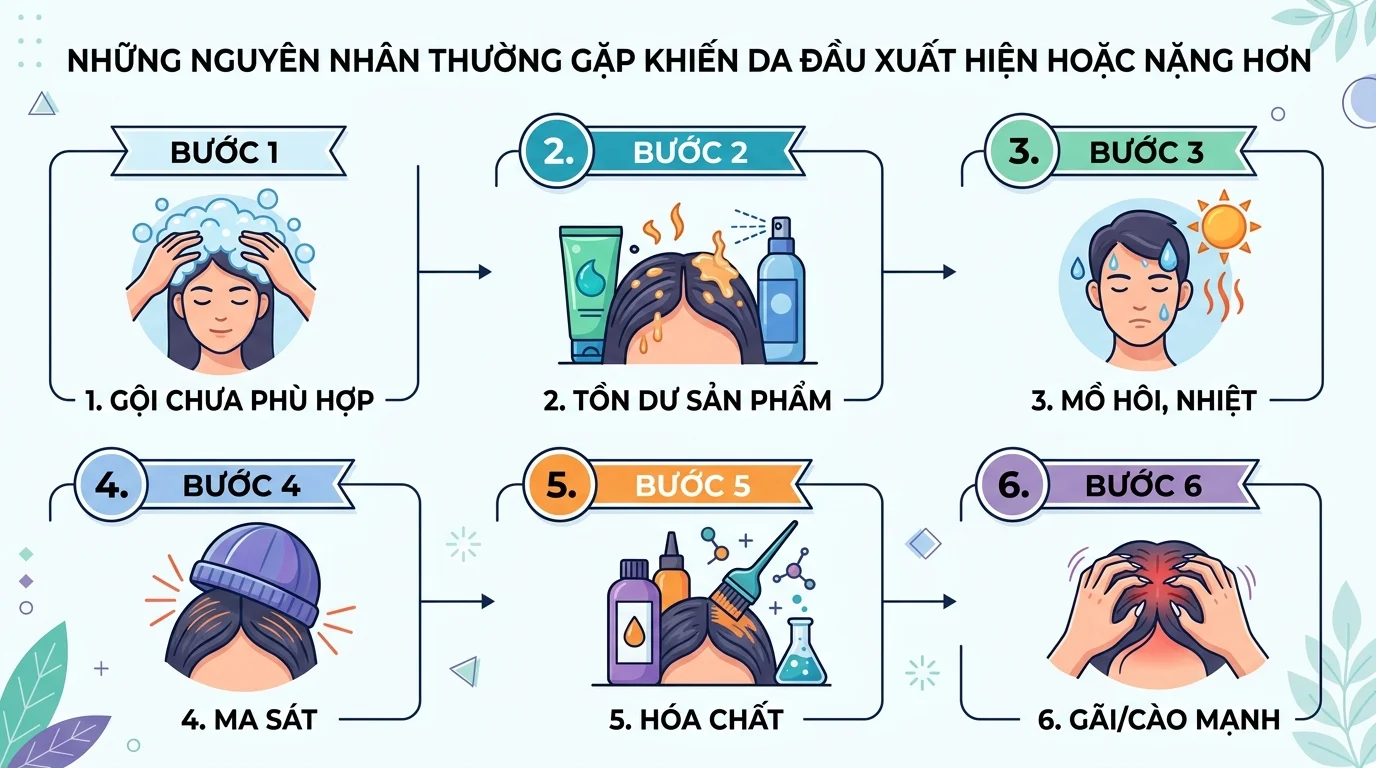 Sáu ô minh họa các nguyên nhân khiến da đầu khó chịu, gồm gội chưa phù hợp, tồn dư sản phẩm, mồ hôi, ma sát, hóa chất và gãi mạnh.