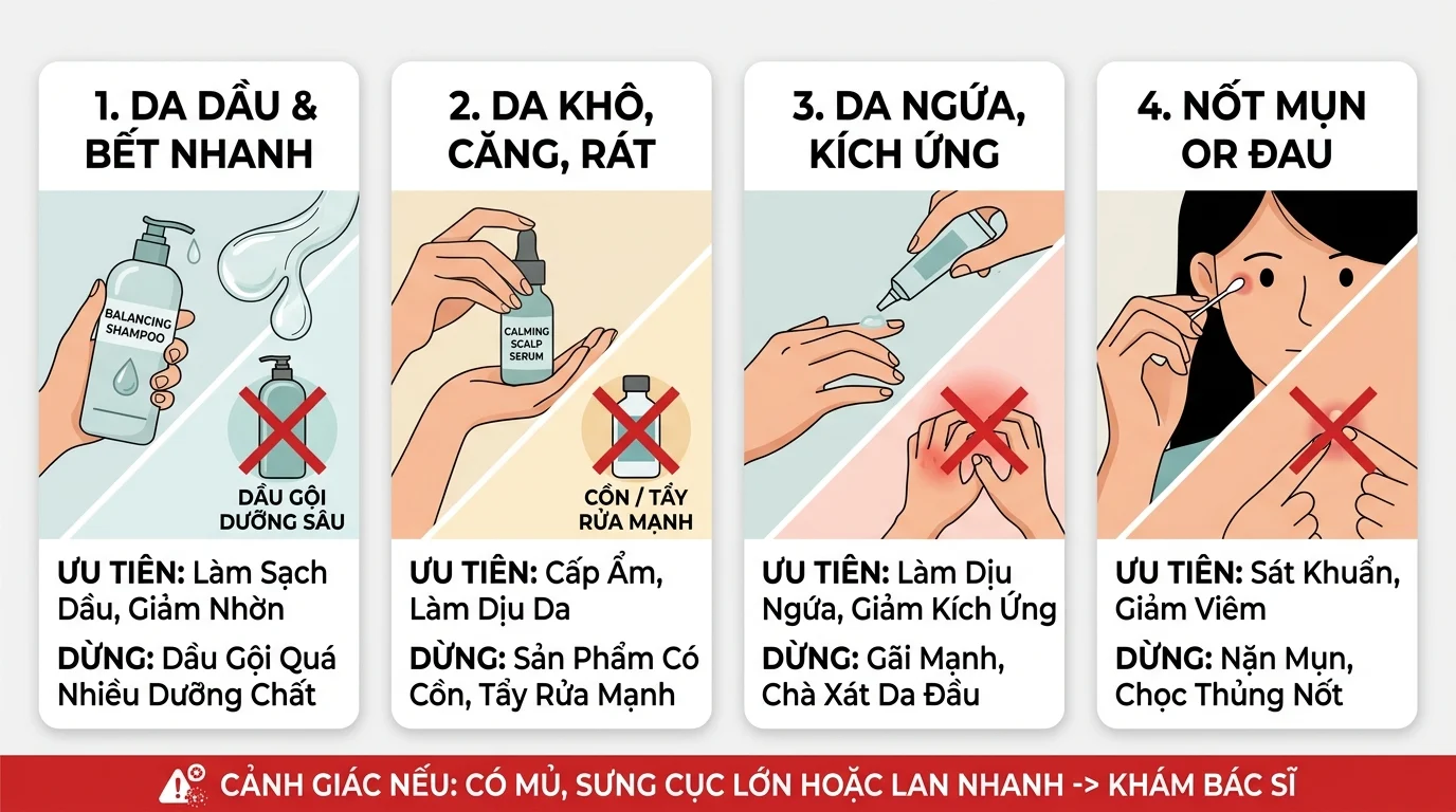 Bốn bảng hướng dẫn chăm sóc da đầu cho da dầu, khô, ngứa và nổi mụn, kèm biểu tượng sản phẩm và dấu gạch chéo với những thứ cần tránh.