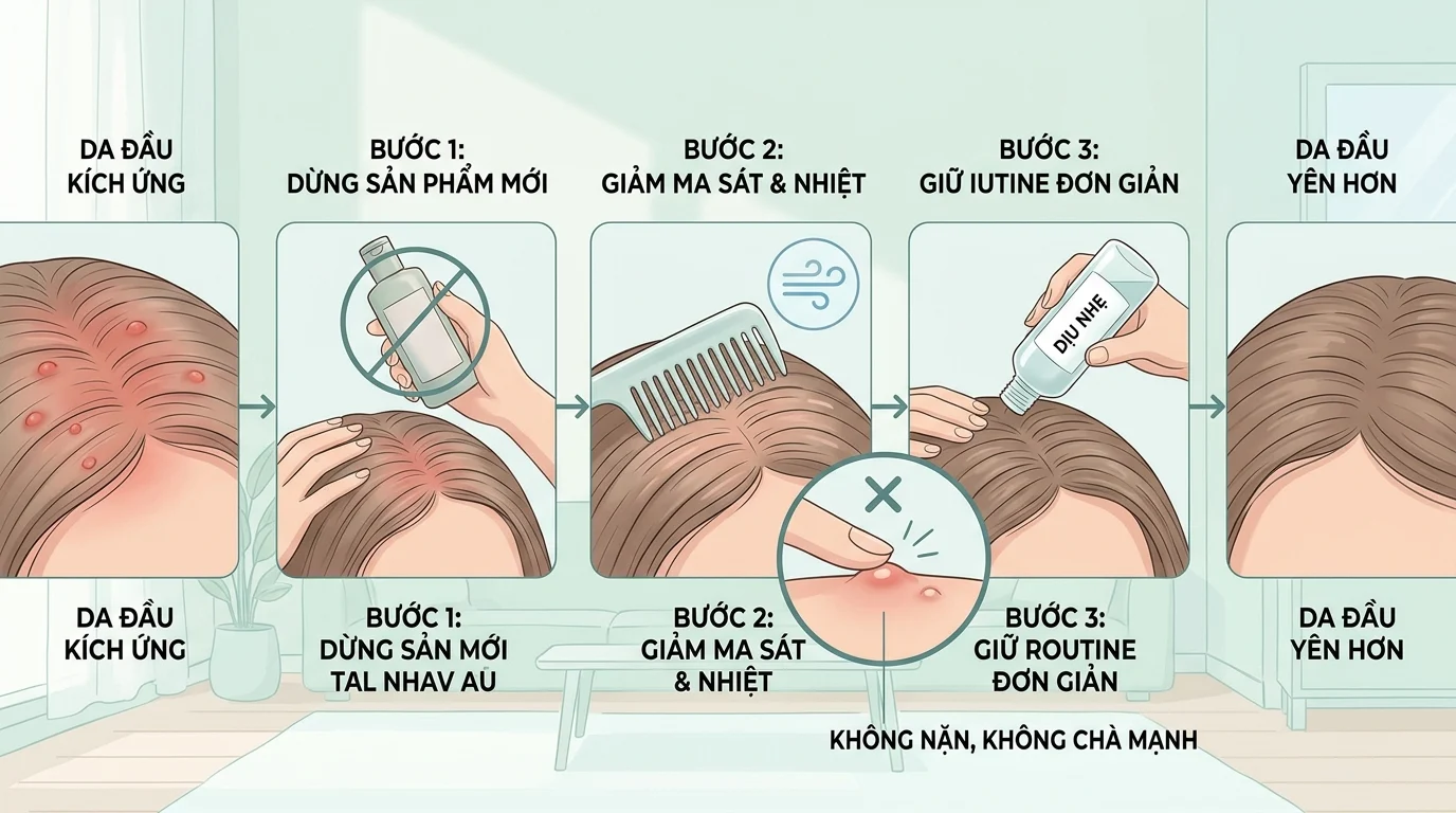 Minh họa da đầu có nhiều nốt đỏ, bên cạnh các bước ngừng sản phẩm mới, giảm ma sát và giữ routine đơn giản trong chăm sóc da đầu