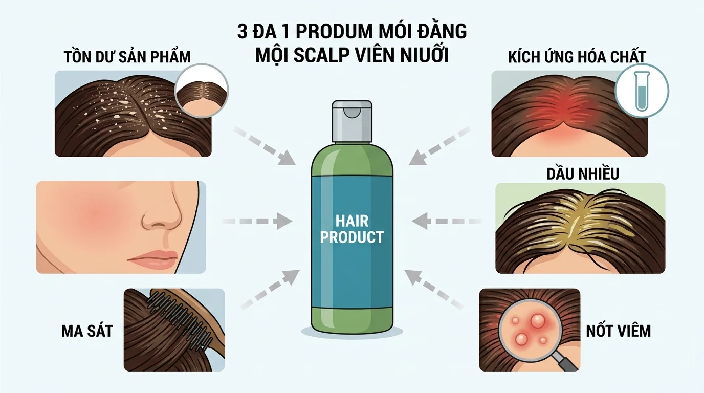 Minh họa chai hair product ở giữa, xung quanh là các hình da đầu có gàu, da đỏ, dầu nhiều, ma sát và nốt viêm.