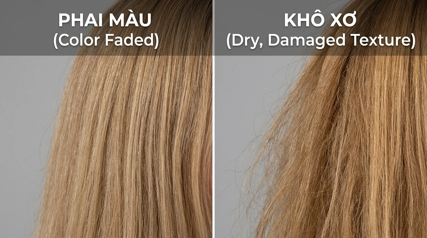Ảnh cận cảnh tóc nhuộm màu vàng nâu được chia đôi, một bên phai màu và một bên khô xơ, xù rối.
