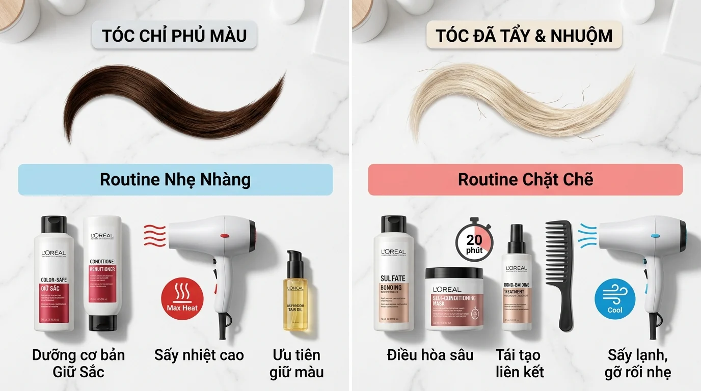 Infographic so sánh chăm sóc tóc nhuộm giữa tóc chỉ phủ màu và tóc đã tẩy, với các sản phẩm dưỡng, máy sấy và lược trên nền trắng.