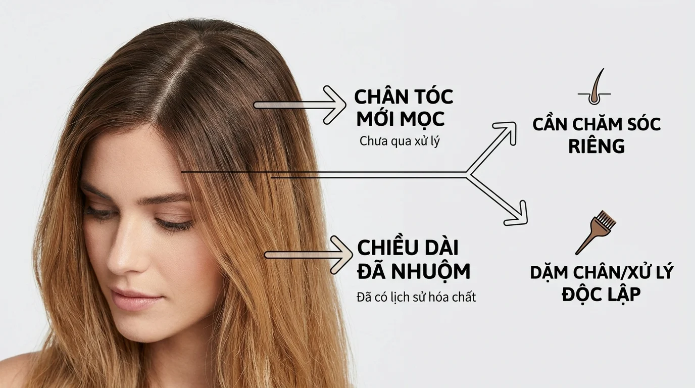 Người phụ nữ tóc nhuộm được chú thích chia chân tóc mới mọc và chiều dài đã nhuộm thành hai vùng riêng.