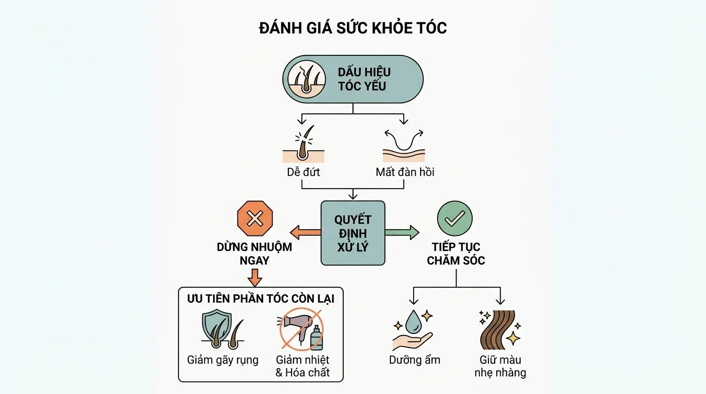 Sơ đồ đánh giá sức khỏe tóc với dấu hiệu tóc yếu, quyết định dừng nhuộm ngay hoặc tiếp tục chăm sóc.