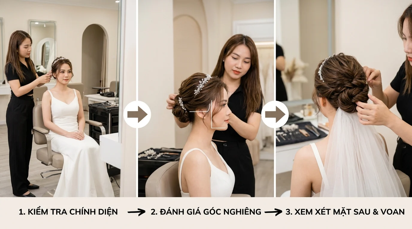 Cô dâu đang được chỉnh kiểu tóc búi thấp trong salon, quan sát từ chính diện, góc nghiêng và phía sau với khăn voan.