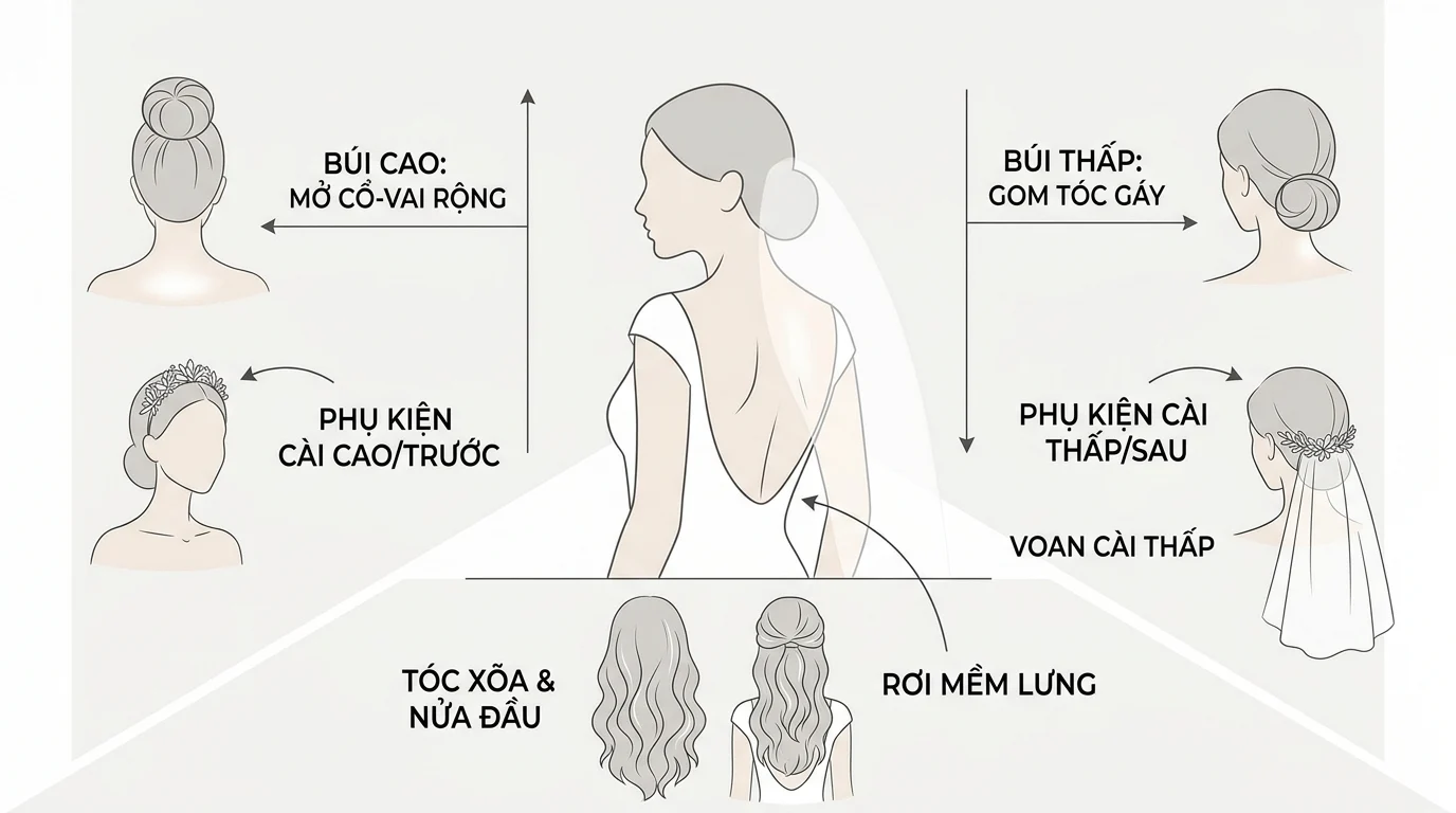 Sơ đồ tóc cô dâu với các kiểu búi cao, búi thấp, tóc xõa và phụ kiện cài theo phần cổ vai áo