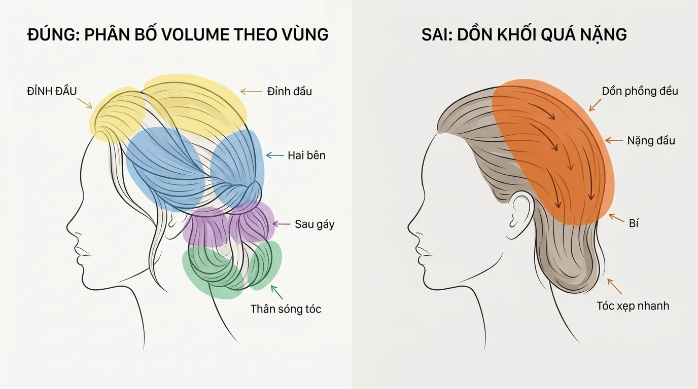 Sơ đồ chia volume tóc cô dâu theo từng vùng trên đầu, bên trái đúng và bên phải dồn khối quá nặng