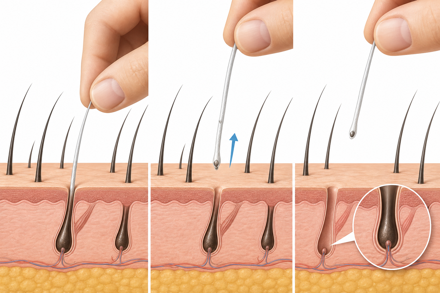 Bàn tay dùng nhíp nhổ một sợi tóc bạc khỏi da đầu trong ảnh cắt lớp da đầu.