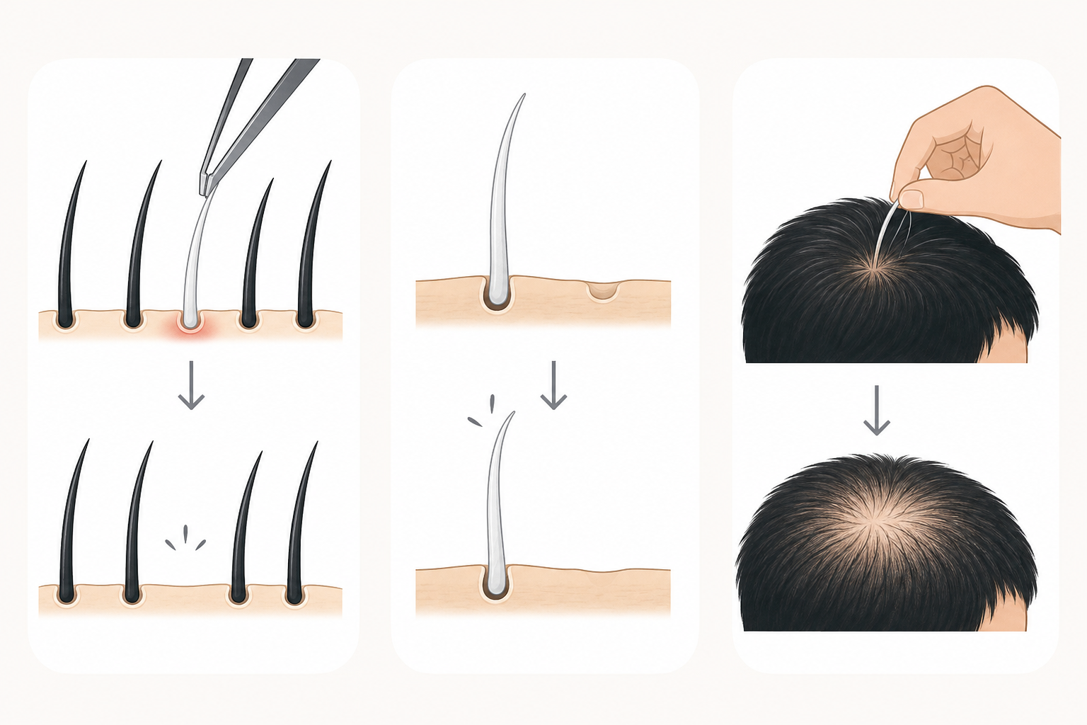 Minh họa nhổ tóc bạc bằng nhíp và tóc mọc lại từ nang tóc trên da đầu.