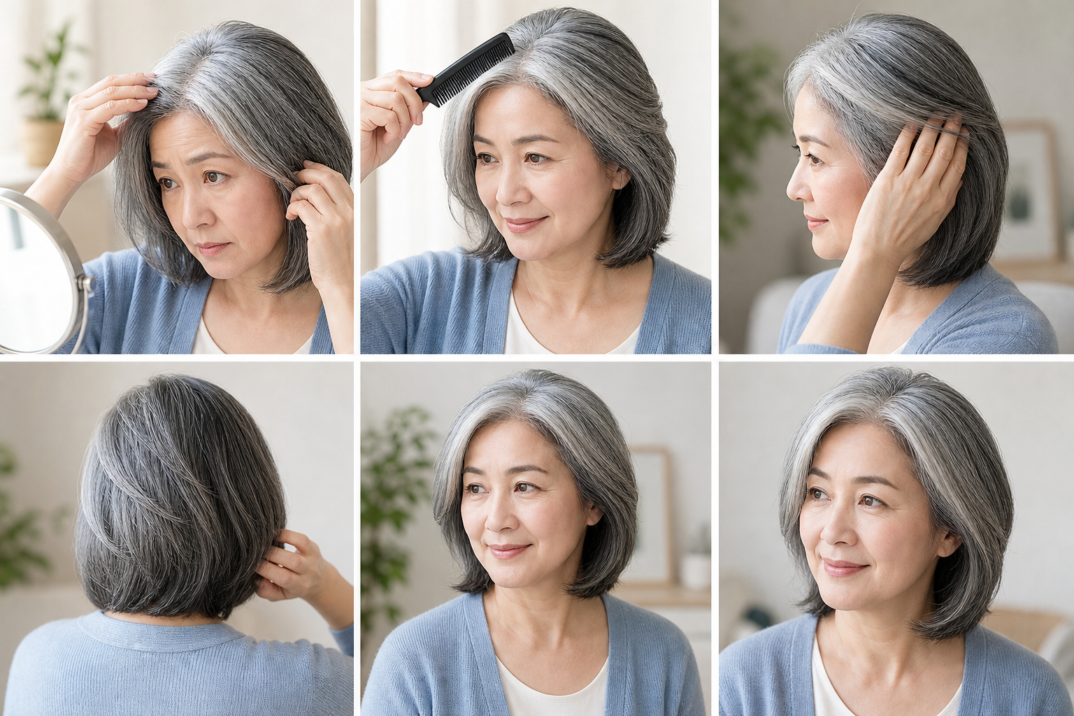 Người phụ nữ tóc bạc đang soi gương và chải tóc trong không gian trong nhà sáng sủa.