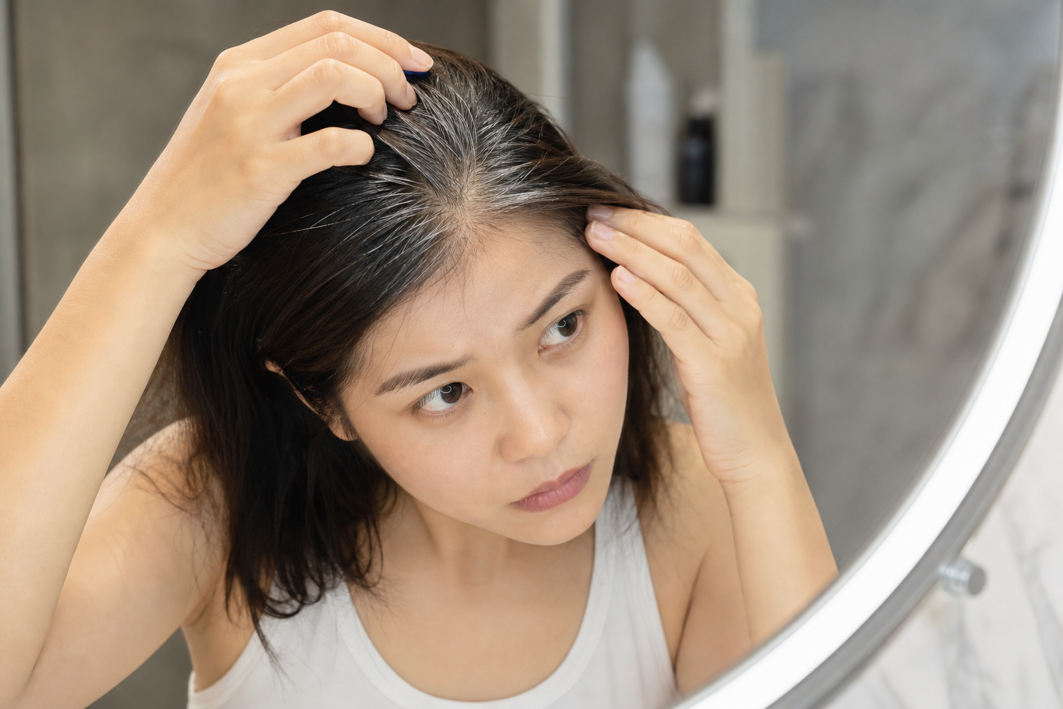Người phụ nữ soi gương và vạch tóc trên đỉnh đầu để nhìn những sợi tóc bạc xuất hiện ở đường ngôi.