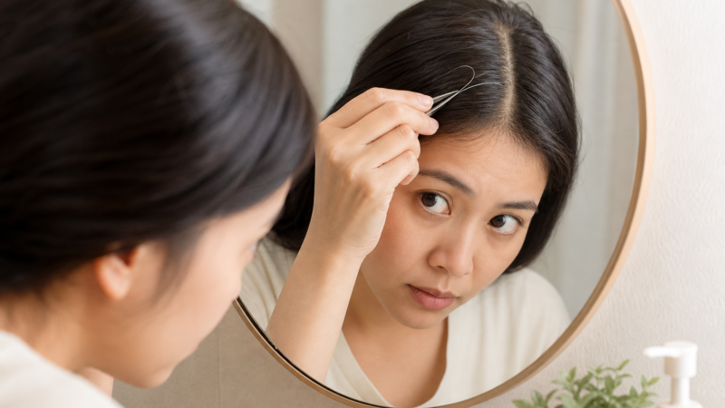 Người phụ nữ soi gương và dùng nhíp nhổ một sợi tóc bạc trên tóc đen.