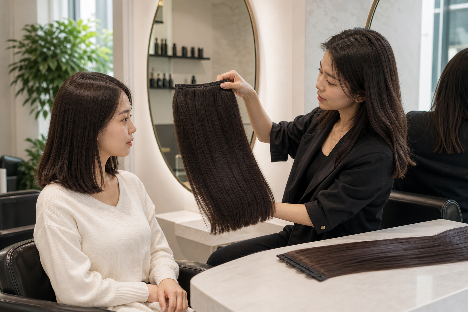 Hai phụ nữ ngồi trong salon tóc, một người đang cầm tóc nối dài màu đen để tư vấn cho khách